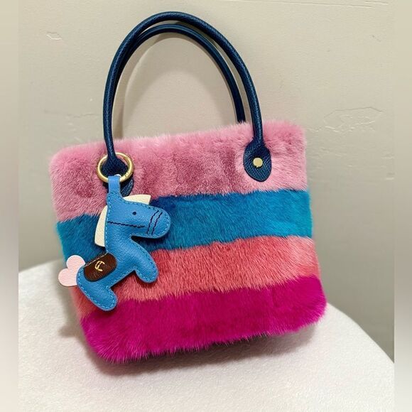 Colorful Striped Handmade Real Mink Fur Mini Tote/Crossbody & Pony Bag Charm - Picture 9 of 16